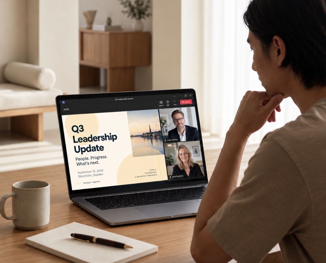 An employee following a leadership update on a laptop at home