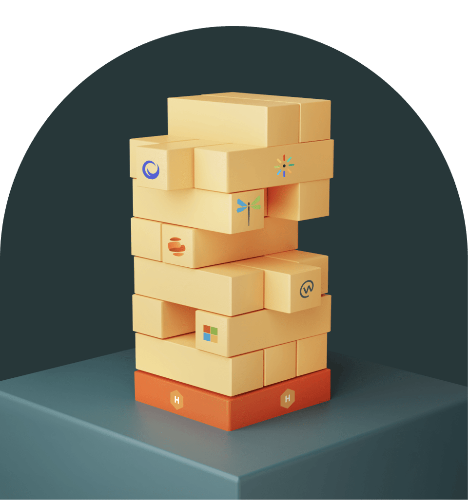 3D stack of integration blocks displaying logos of platforms like Microsoft, Vimeo, and others to represent seamless multiplatform compatibility