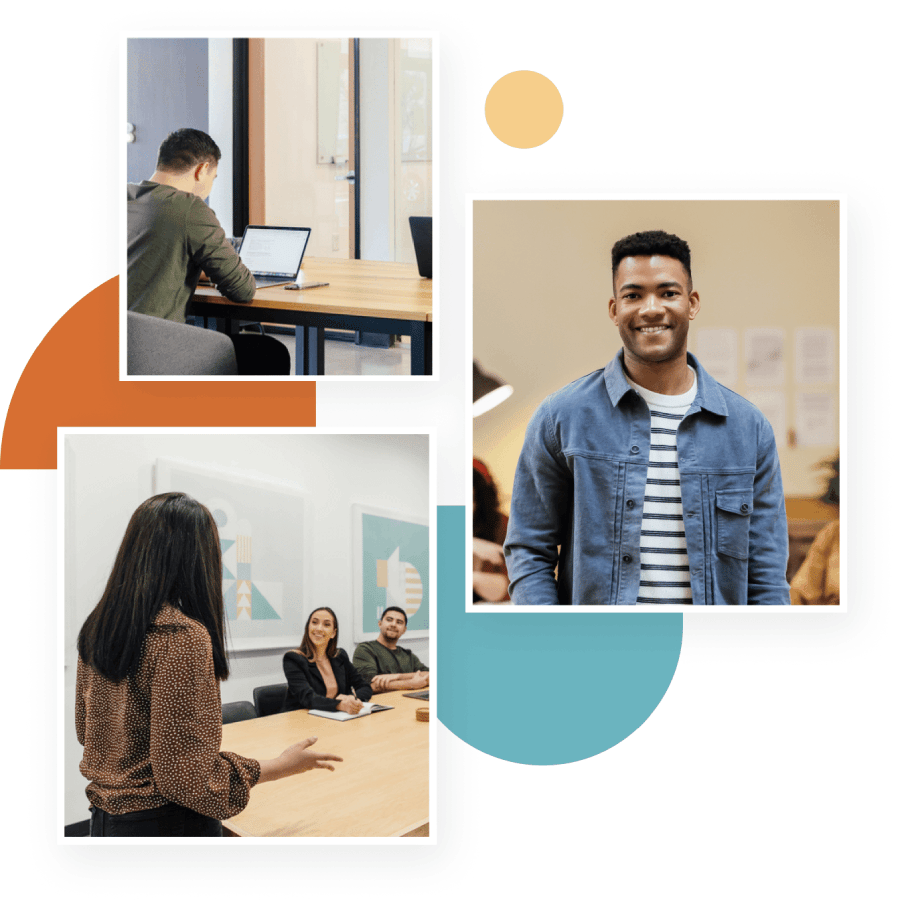 Collage of professionals in tech workplace settings, including solo work, team collaboration, and leadership representation