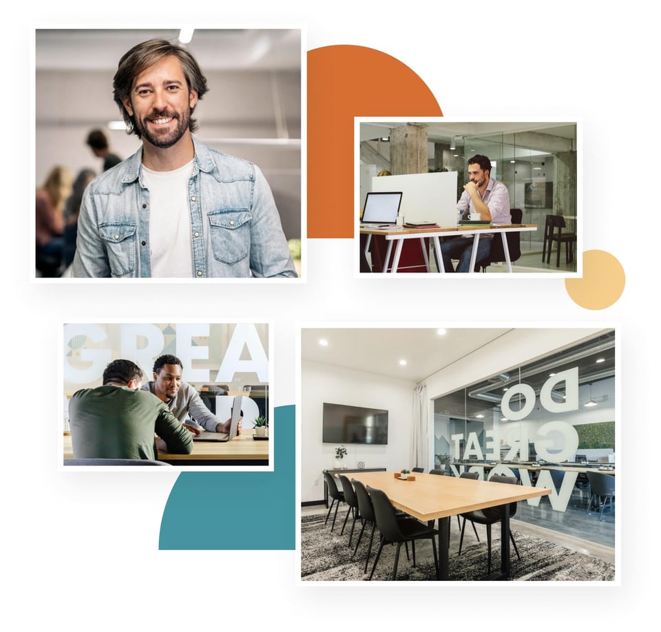 Collage of team members collaborating, working remotely, and modern office spaces, reflecting company history and innovation