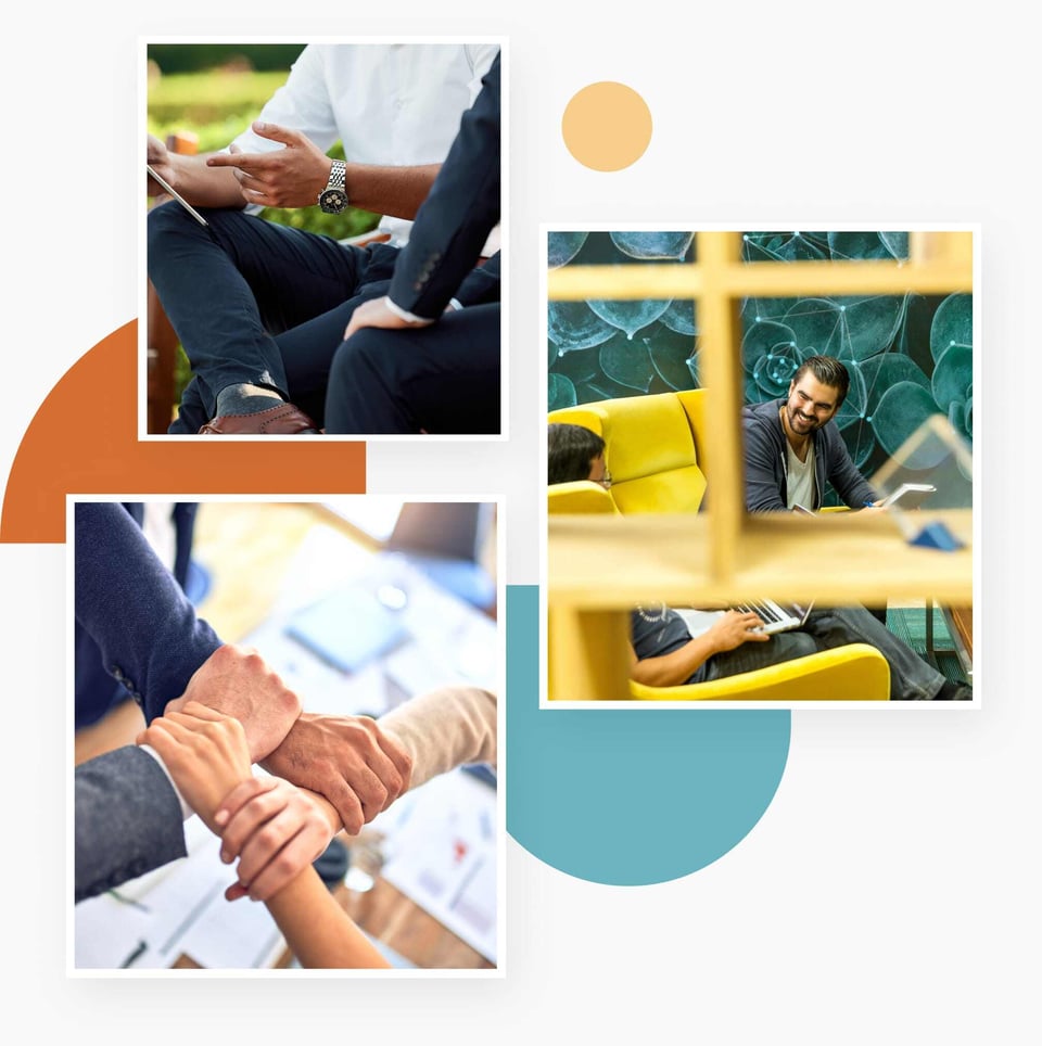 Collage of professionals collaborating—two men in conversation, a team handshake, and a group discussion—representing Hive’s collaborative partner ecosystem