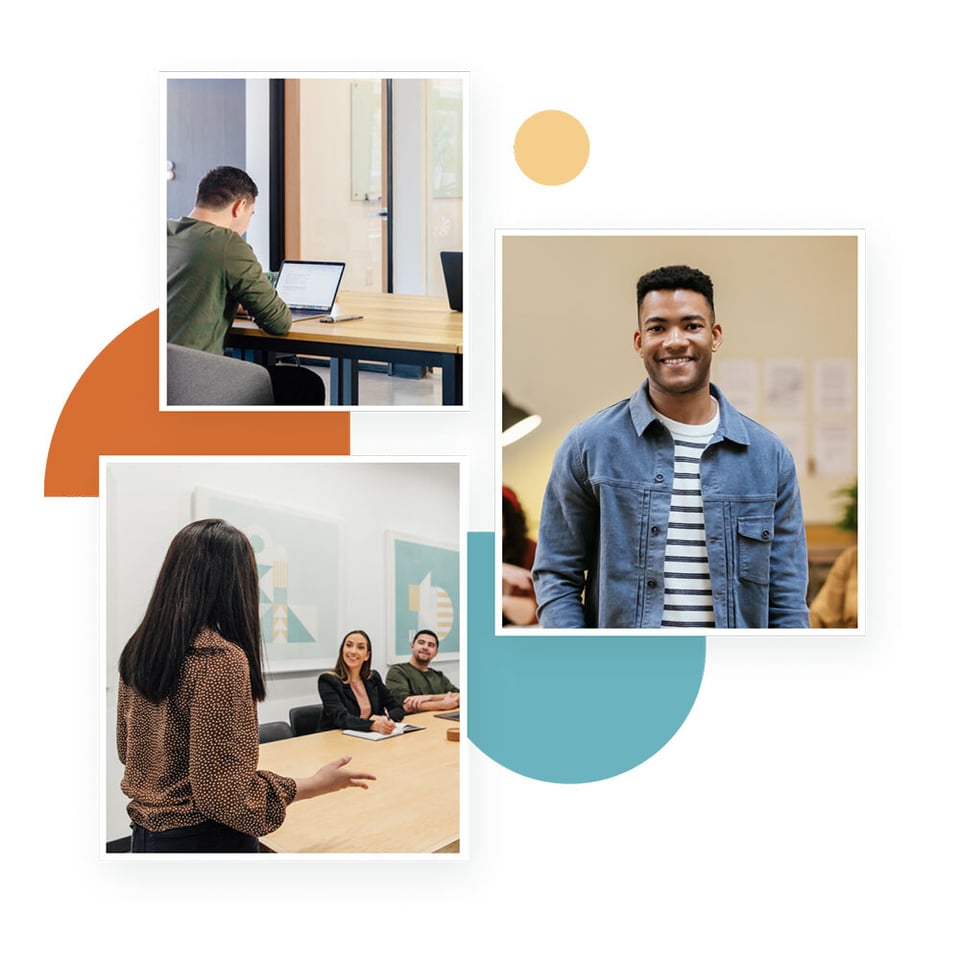 Collage of business professionals collaborating in meetings and smiling individually, symbolizing Hive’s inclusive and engaging partner ecosystem