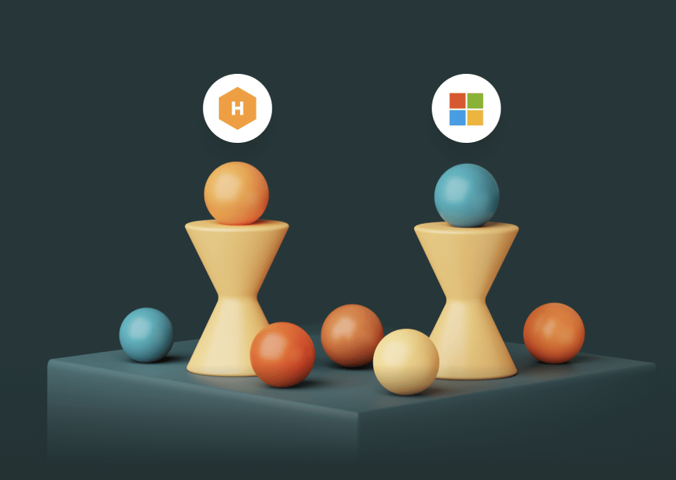 "3D illustration of Hive Streaming and Microsoft platforms represented by pedestals and spheres, symbolizing a connected video technology stack