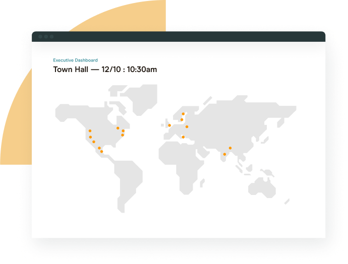 World map showing engagement scores from a town hall video event via the Executive Dashboard interface.