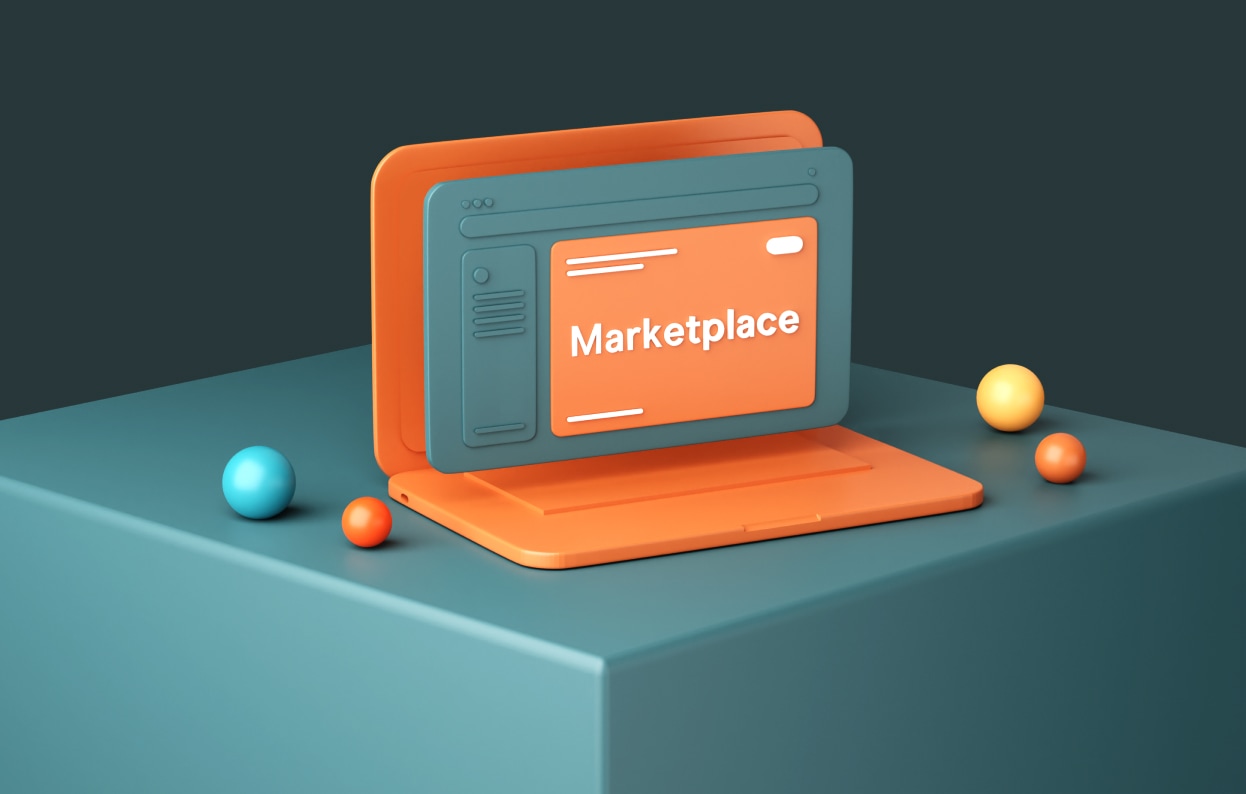 "3D illustration of a laptop with 'Marketplace' on the screen, surrounded by colorful abstract spheres