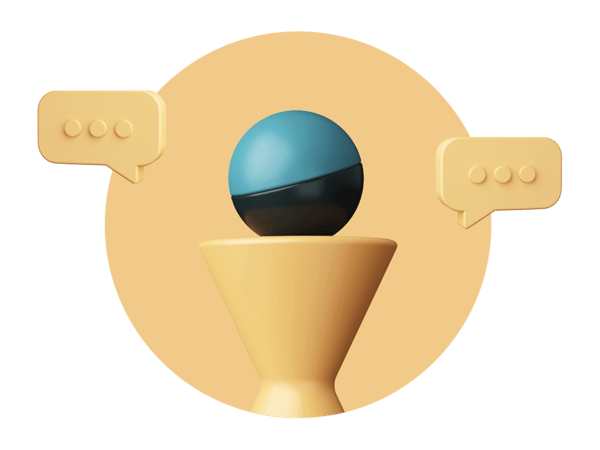 3D illustration of a blue and black sphere on a golden pedestal, with chat bubbles, representing direct communication and purchase of Hive solutions