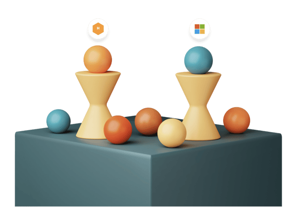 3D illustration of two pedestals with colorful spheres and Microsoft and Hive icons, symbolizing integration through the Microsoft Marketplace