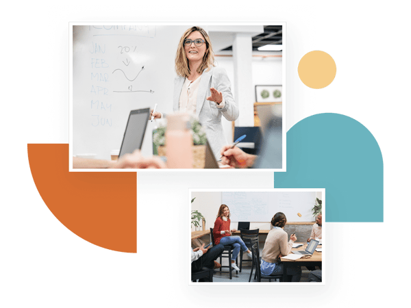 Collage of two office scenes with people in meetings and abstract colorful shapes, representing Hive’s support for multiplatform communication