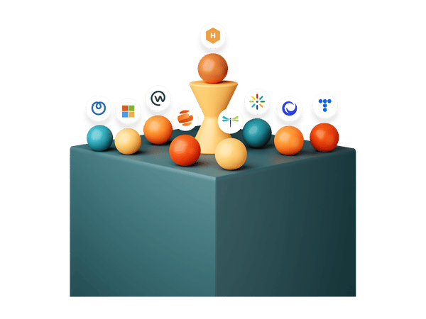 3D graphic of a golden pedestal with multicolored spheres and floating partner logos, symbolizing Hive’s collaboration with global technology partners