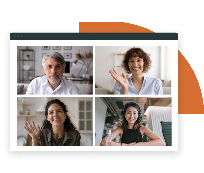 Video call with four smiling employees representing hybrid workforce engagement and virtual collaboration